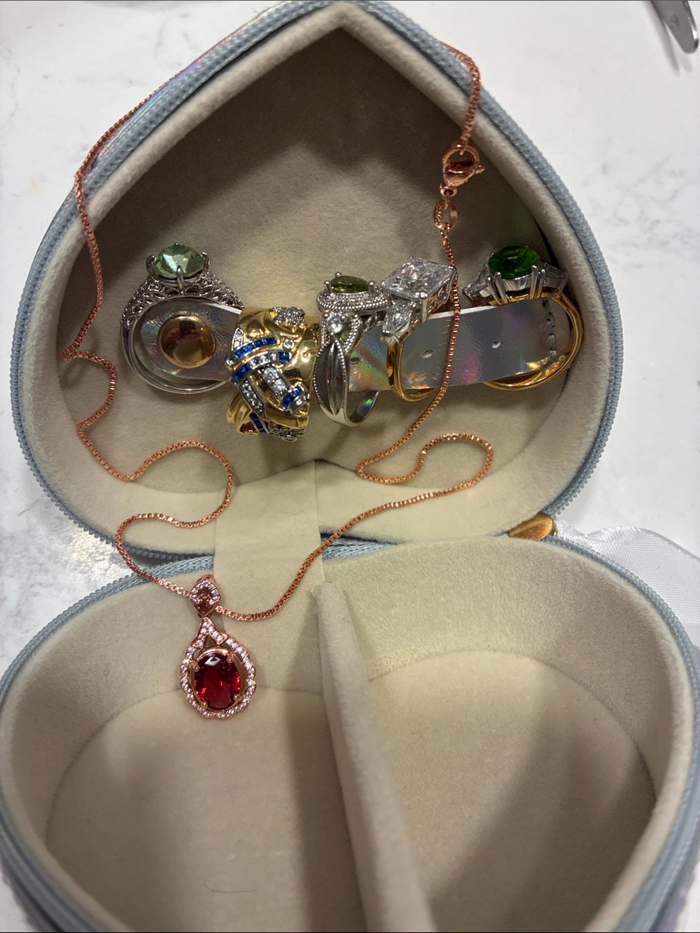 5 rings, 1 necklace estate jewelry lot
Untested metals and gems